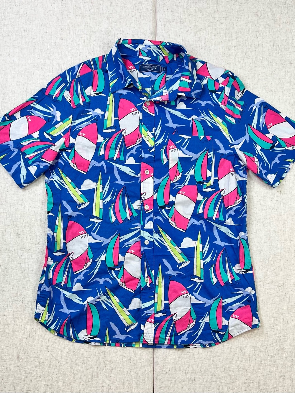 Vineyard Vines Blue Sailboat Print Short Sleeve Button Down Shirt Mens M Preppy